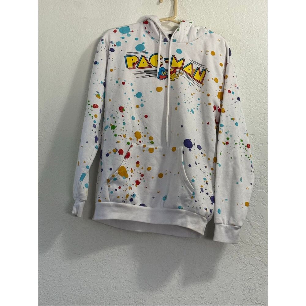 Pac-Man Bandai Namco White Paint Splatter Graphic Hoodie Mens M  Retro Arcade